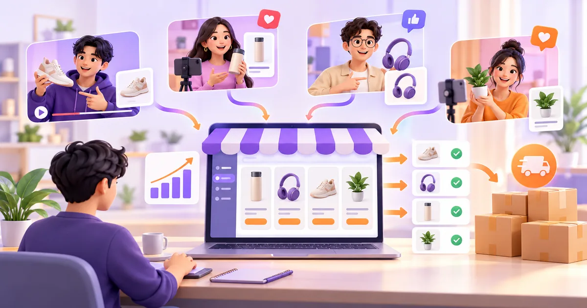 Ilustrasi seller mengelola Affiliate Marketing Solution Shopee bersama kreator